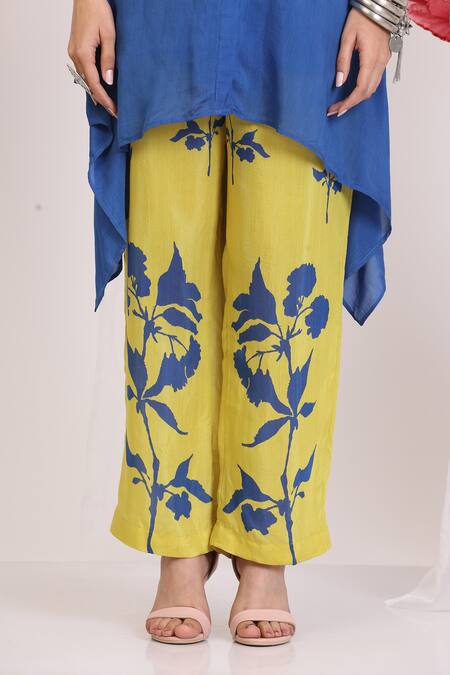 Shop_Radhika Jindal_Blue Cotton, Silk Embroidery Designer Kurta Set - Electric And Ochre Yellow_Online_at_Aza_Fashions