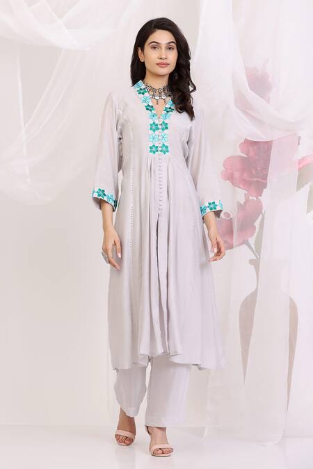 Radhika Jindal_Gray Cotton, Silk Embroidery Split V-neck Designer Kalidar Kurta Set_Online_at_Aza_Fashions