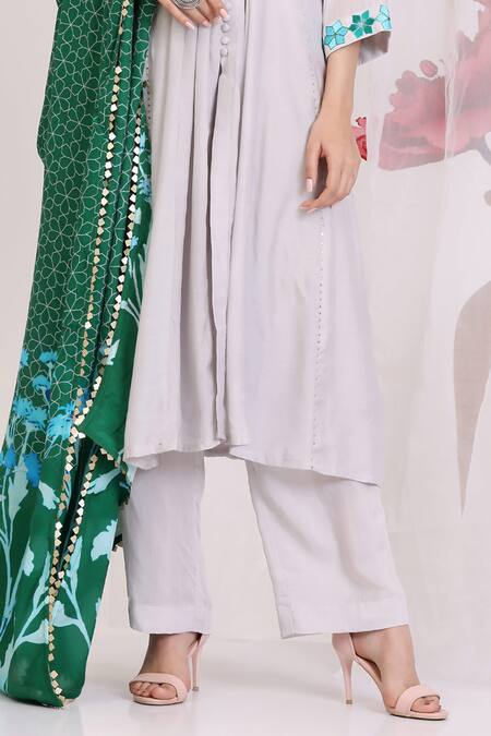 Buy Radhika Jindal Gray Cotton, Silk Embroidery Split V-neck Designer Kalidar Kurta Set Online at Aza Fashions Buy_Radhika Jindal_Gray Cotton, Silk Embroidery Split V-neck Designer Kalidar Kurta Set_Online_at_Aza_Fashions