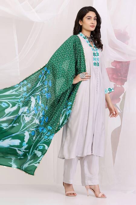 Radhika Jindal Gray Cotton, Silk Embroidery Split V-neck Designer Kalidar Kurta Set at Aza Fashions Radhika Jindal_Gray Cotton, Silk Embroidery Split V-neck Designer Kalidar Kurta Set_at_Aza_Fashions