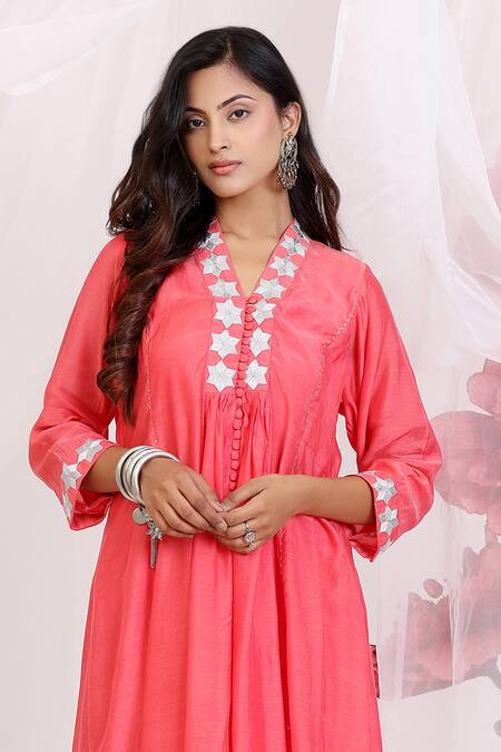 Radhika Jindal_Coral Cotton, Silk Embroidery Split V-neck Kalidar Set - And Grey_Online_at_Aza_Fashions