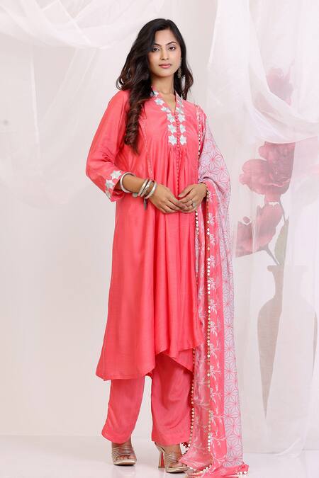 Shop_Radhika Jindal_Coral Cotton, Silk Embroidery Split V-neck Kalidar Set - And Grey_Online_at_Aza_Fashions