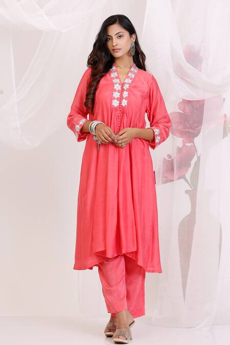 Radhika Jindal_Coral Cotton, Silk Embroidery Split V-neck Kalidar Set - And Grey_at_Aza_Fashions