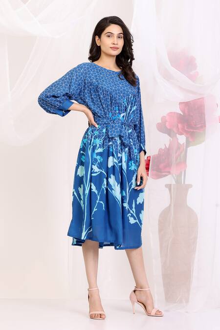 Radhika Jindal_Blue Cotton, Silk Embroidery Round Neck Floral Print Electric Midi Dress_Online_at_Aza_Fashions