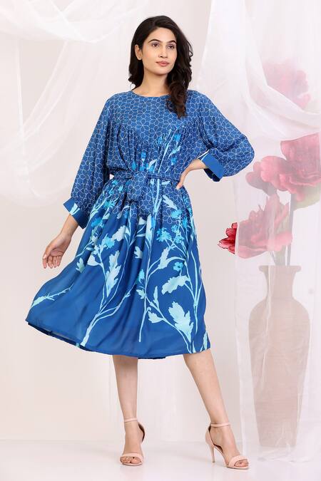 Buy_Radhika Jindal_Blue Cotton, Silk Embroidery Round Neck Floral Print Electric Midi Dress_Online_at_Aza_Fashions