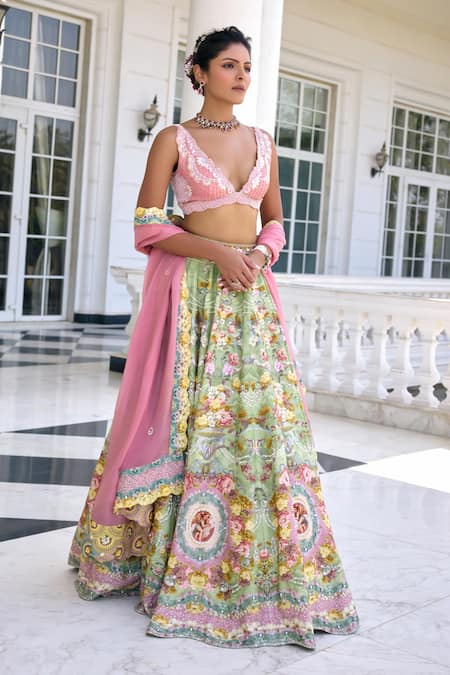 Buy_Kalista_Green Silk Sequins, Embroidery, Beads V-neck Sofia Fusion Lehenga Set _Online_at_Aza_Fashions