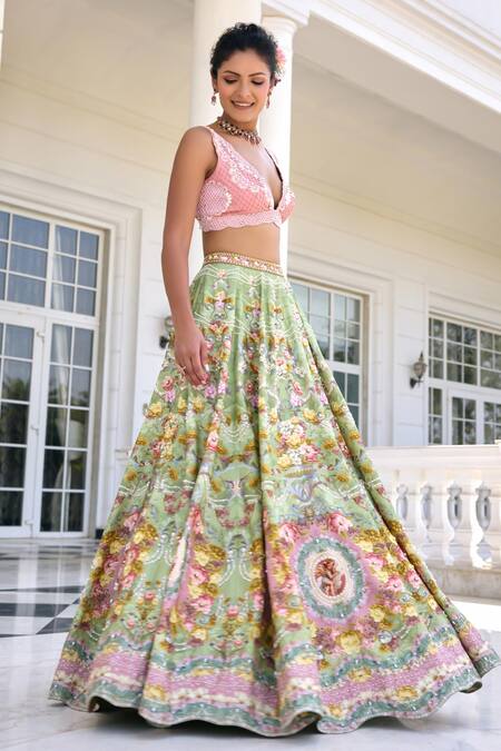 Shop_Kalista_Green Silk Sequins, Embroidery, Beads V-neck Sofia Fusion Lehenga Set _Online_at_Aza_Fashions