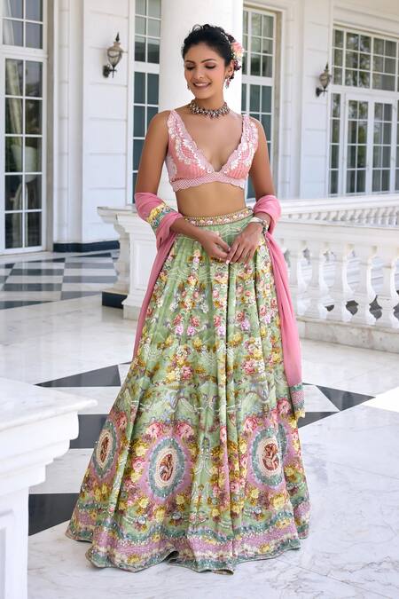 Kalista_Green Silk Sequins, Embroidery, Beads V-neck Sofia Fusion Lehenga Set _at_Aza_Fashions