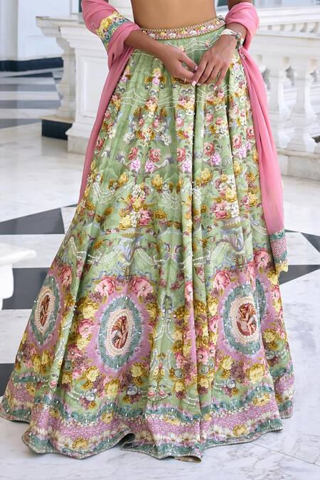 Shop_Kalista_Green Silk Sequins, Embroidery, Beads V-neck Sofia Fusion Lehenga Set 