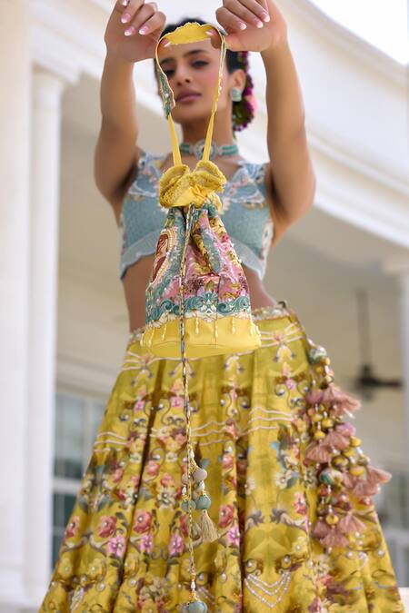 Buy_Kalista_Yellow Silk Sequins, Embroidery, Beads, Tassels V-neck Sofia Lehenga Set _Online_at_Aza_Fashions