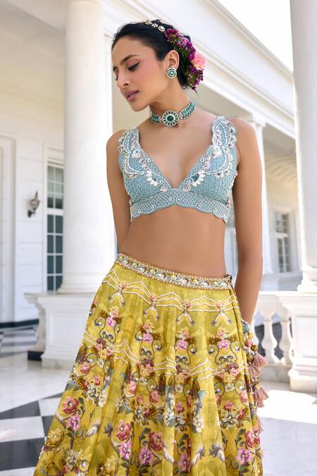 Kalista_Yellow Silk Sequins, Embroidery, Beads, Tassels V-neck Sofia Lehenga Set _at_Aza_Fashions