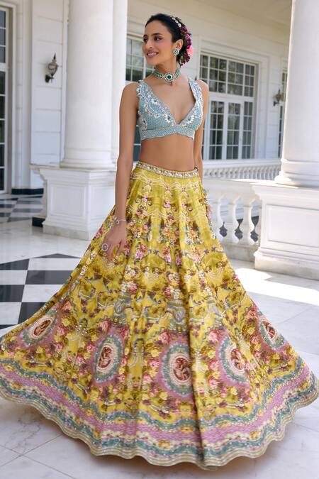 Buy_Kalista_Yellow Silk Sequins, Embroidery, Beads, Tassels V-neck Sofia Lehenga Set 