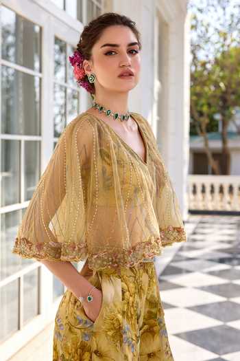 Kalista_Beige Embroidery Amaira Floral Print Sharara Set _Online_at_Aza_Fashions