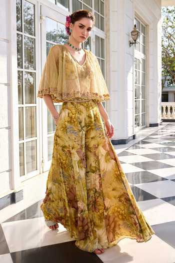 Buy_Kalista_Beige Embroidery Amaira Floral Print Sharara Set _Online_at_Aza_Fashions