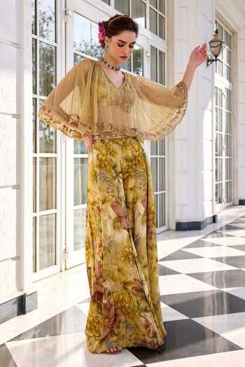 Shop_Kalista_Beige Embroidery Amaira Floral Print Sharara Set _Online_at_Aza_Fashions