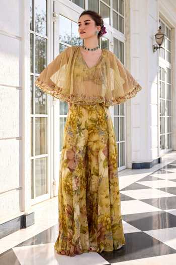 Kalista_Beige Embroidery Amaira Floral Print Sharara Set _at_Aza_Fashions
