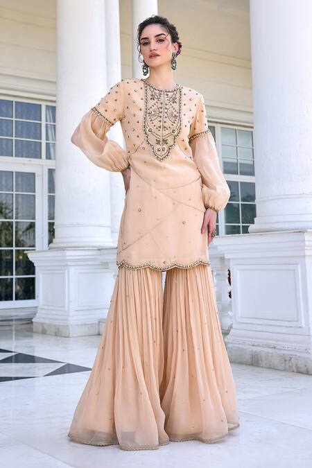 Buy Kalista Beige Tissue, Silk Embroidery Round Neck Zainab Kurta Set With Gharara Online at Aza Fashions Buy_Kalista_Beige Tissue, Silk Embroidery Round Neck Zainab Kurta Set With Gharara _Online_at_Aza_Fashions