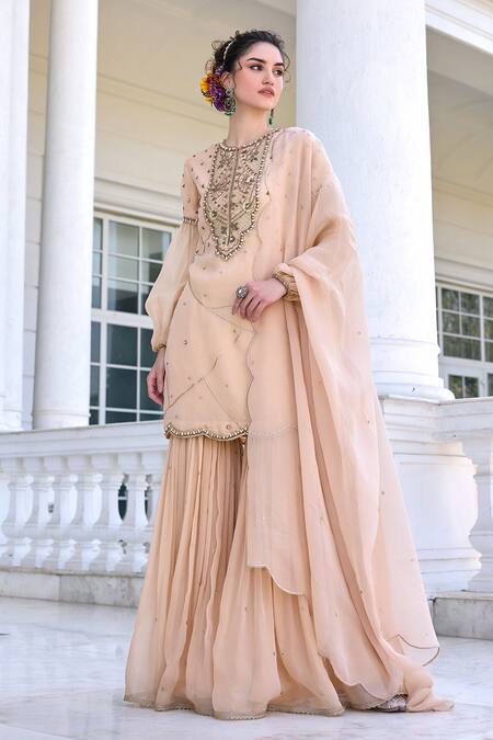Shop Kalista Beige Tissue, Silk Embroidery Round Neck Zainab Kurta Set With Gharara Online at Aza Fashions Shop_Kalista_Beige Tissue, Silk Embroidery Round Neck Zainab Kurta Set With Gharara _Online_at_Aza_Fashions