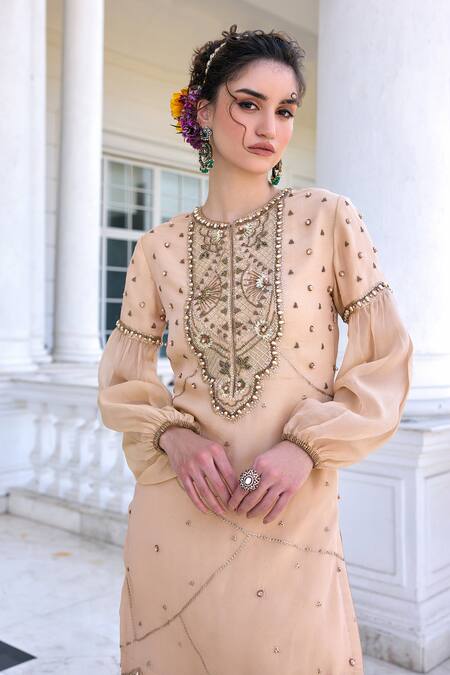Kalista Beige Tissue, Silk Embroidery Round Neck Zainab Kurta Set With Gharara at Aza Fashions Kalista_Beige Tissue, Silk Embroidery Round Neck Zainab Kurta Set With Gharara _at_Aza_Fashions