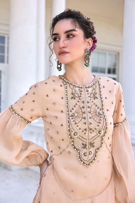 Buy Kalista Beige Tissue, Silk Embroidery Round Neck Zainab Kurta Set With Gharara Buy_Kalista_Beige Tissue, Silk Embroidery Round Neck Zainab Kurta Set With Gharara