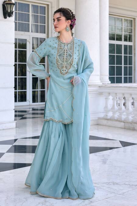 Kalista Aqua Tissue, Silk Sequins, Embroidery, Beads Round Neck Zainab Kurta Set Online at Aza Fashions Kalista_Aqua Tissue, Silk Sequins, Embroidery, Beads Round Neck Zainab Kurta Set _Online_at_Aza_Fashions