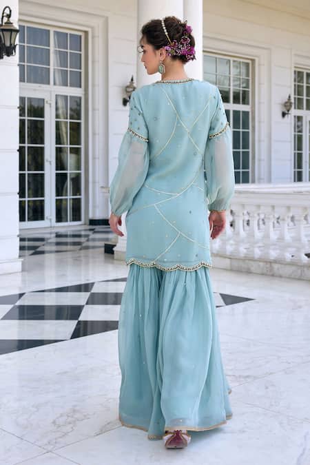 Shop Kalista Aqua Tissue, Silk Sequins, Embroidery, Beads Round Neck Zainab Kurta Set at Aza Fashions Shop_Kalista_Aqua Tissue, Silk Sequins, Embroidery, Beads Round Neck Zainab Kurta Set _at_Aza_Fashions