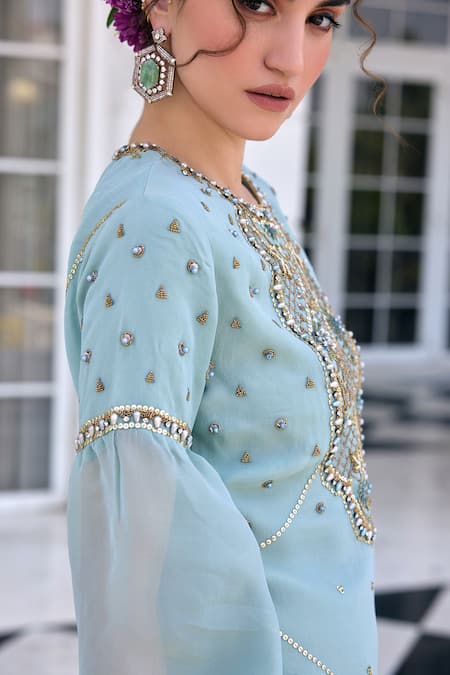 Shop Kalista Aqua Tissue, Silk Sequins, Embroidery, Beads Round Neck Zainab Kurta Set Online at Aza Fashions Shop_Kalista_Aqua Tissue, Silk Sequins, Embroidery, Beads Round Neck Zainab Kurta Set _Online_at_Aza_Fashions