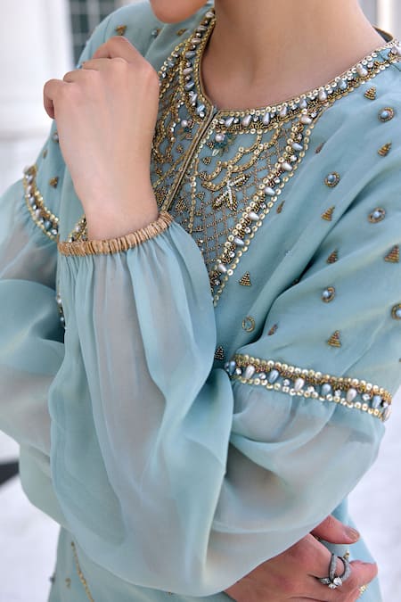 Kalista Aqua Tissue, Silk Sequins, Embroidery, Beads Round Neck Zainab Kurta Set at Aza Fashions Kalista_Aqua Tissue, Silk Sequins, Embroidery, Beads Round Neck Zainab Kurta Set _at_Aza_Fashions