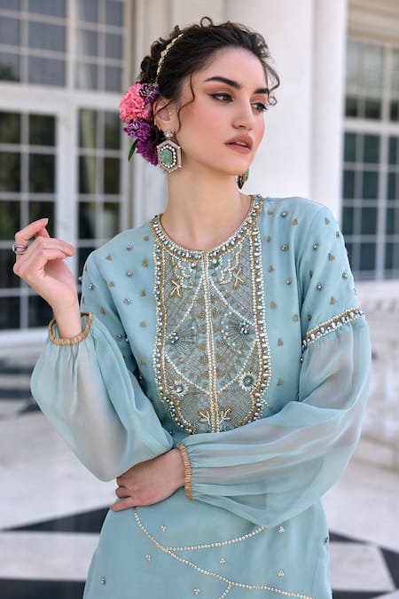 Buy Kalista Aqua Tissue, Silk Sequins, Embroidery, Beads Round Neck Zainab Kurta Set Buy_Kalista_Aqua Tissue, Silk Sequins, Embroidery, Beads Round Neck Zainab Kurta Set