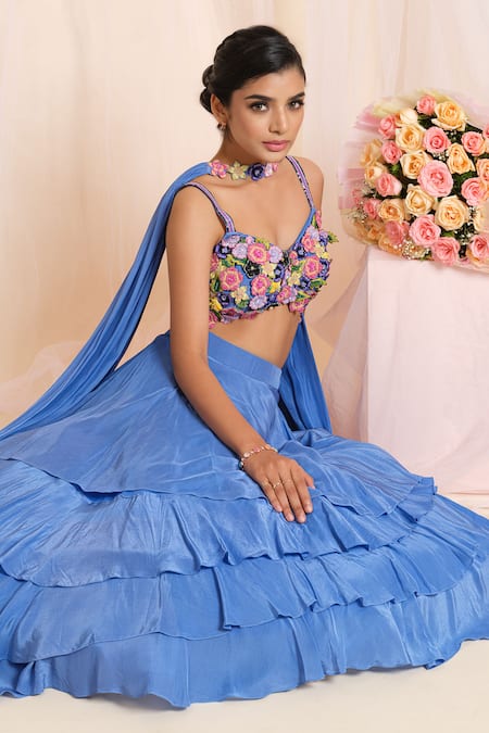 House Of Akshata Blue Crepe Embroidery, Sequins V-neck Floral Ruffle Lehenga Set Online at Aza Fashions House Of Akshata_Blue Crepe Embroidery, Sequins V-neck Floral Ruffle Lehenga Set _Online_at_Aza_Fashions