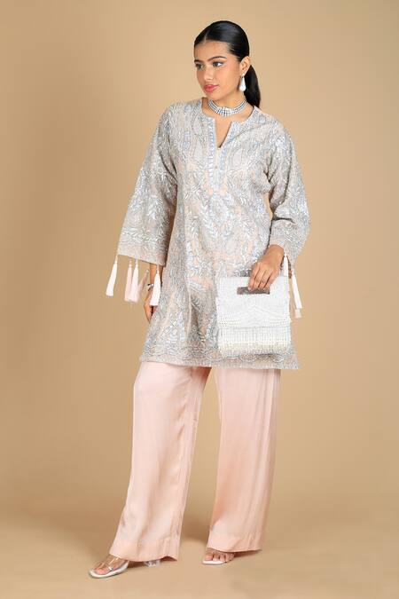 Adora By Ankita_Cream Beads, Tassels Ivory Noura Flapper Clutch _Online_at_Aza_Fashions