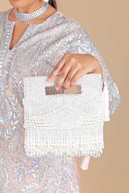 Buy_Adora By Ankita_Cream Beads, Tassels Ivory Noura Flapper Clutch _Online_at_Aza_Fashions