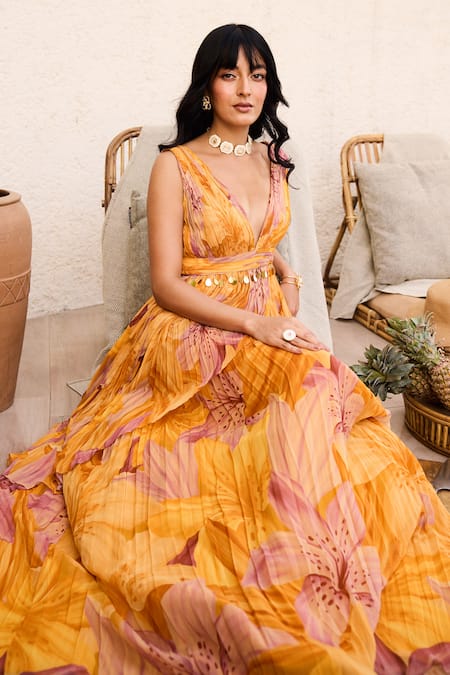 Diyarajvvir Yellow Georgette V-neck Sunlit Lily Printed Maxi Dress Online at Aza Fashions Diyarajvvir_Yellow Georgette V-neck Sunlit Lily Printed Maxi Dress _Online_at_Aza_Fashions