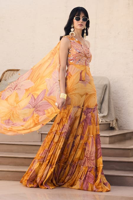 Diyarajvvir_Yellow Georgette Beads Sweetheart Neck Sunlit Lily Printed Jumpsuit _Online_at_Aza_Fashions