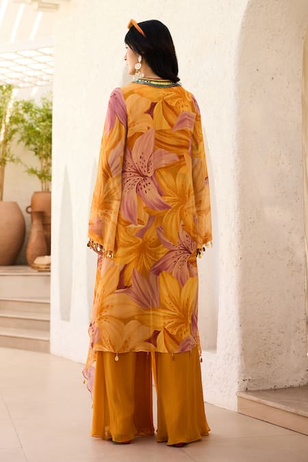 Shop Diyarajvvir Yellow Georgette Tassels, Embroidery V-neck Sunlit Lily Printed Kurta Set at Aza Fashions Shop_Diyarajvvir_Yellow Georgette Tassels, Embroidery V-neck Sunlit Lily Printed Kurta Set _at_Aza_Fashions