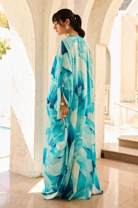Diyarajvvir Blue Crepe Beads V-neck Petal Printed Kaftan Online at Aza Fashions Diyarajvvir_Blue Crepe Beads V-neck Petal Printed Kaftan _Online_at_Aza_Fashions