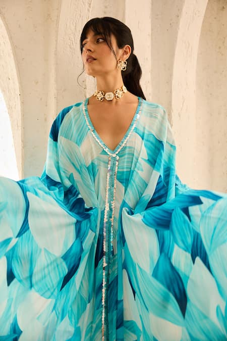 Buy Diyarajvvir Blue Crepe Beads V-neck Petal Printed Kaftan Online at Aza Fashions Buy_Diyarajvvir_Blue Crepe Beads V-neck Petal Printed Kaftan _Online_at_Aza_Fashions