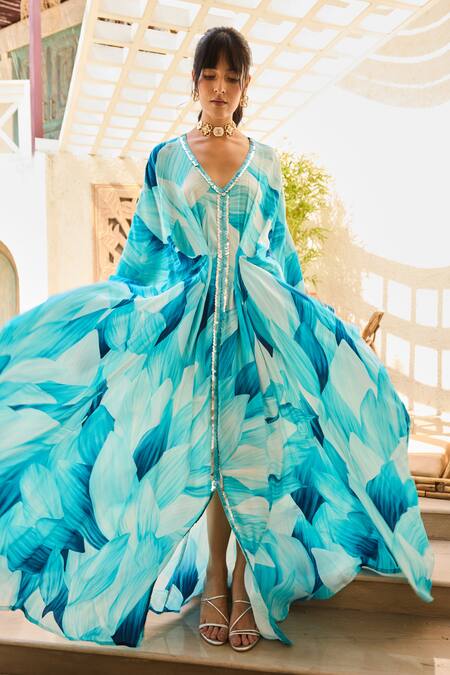 Shop Diyarajvvir Blue Crepe Beads V-neck Petal Printed Kaftan Online at Aza Fashions Shop_Diyarajvvir_Blue Crepe Beads V-neck Petal Printed Kaftan _Online_at_Aza_Fashions