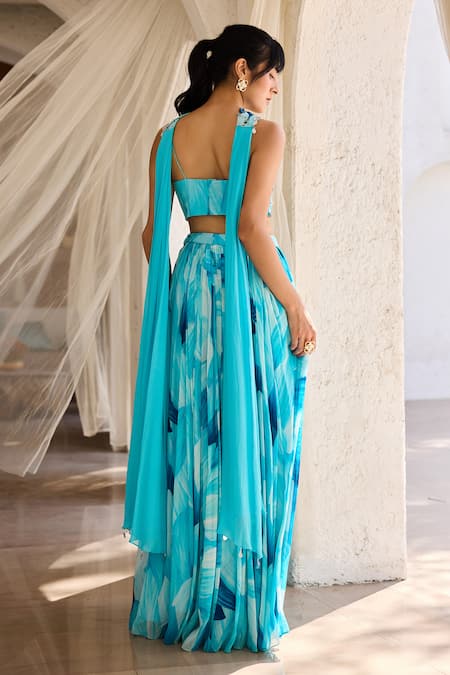 Diyarajvvir Blue Georgette Beads Sweetheart Neck Printed Crop Top And Skirt Set Online at Aza Fashions Diyarajvvir_Blue Georgette Beads Sweetheart Neck Printed Crop Top And Skirt Set _Online_at_Aza_Fashions