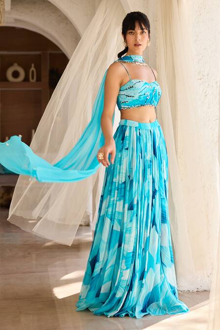 Buy Diyarajvvir Blue Georgette Beads Sweetheart Neck Printed Crop Top And Skirt Set Online at Aza Fashions Buy_Diyarajvvir_Blue Georgette Beads Sweetheart Neck Printed Crop Top And Skirt Set _Online_at_Aza_Fashions