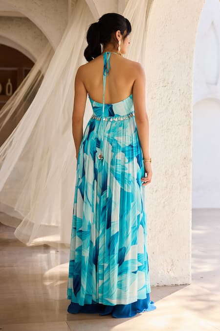 Diyarajvvir Blue Crepe, Georgette Halter Neck Petal Printed Tunic Pant Set Online at Aza Fashions Diyarajvvir_Blue Crepe, Georgette Halter Neck Petal Printed Tunic Pant Set _Online_at_Aza_Fashions