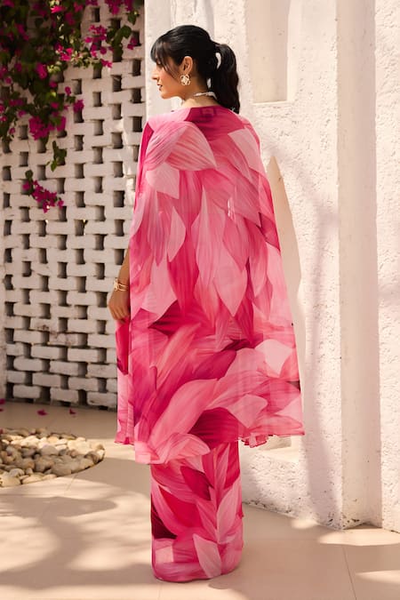 Diyarajvvir Pink Georgette Beads Square Neck Petal Printed Cape Set Online at Aza Fashions Diyarajvvir_Pink Georgette Beads Square Neck Petal Printed Cape Set _Online_at_Aza_Fashions