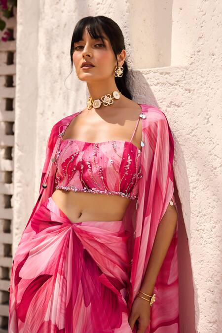 Shop Diyarajvvir Pink Georgette Beads Square Neck Petal Printed Cape Set Online at Aza Fashions Shop_Diyarajvvir_Pink Georgette Beads Square Neck Petal Printed Cape Set _Online_at_Aza_Fashions