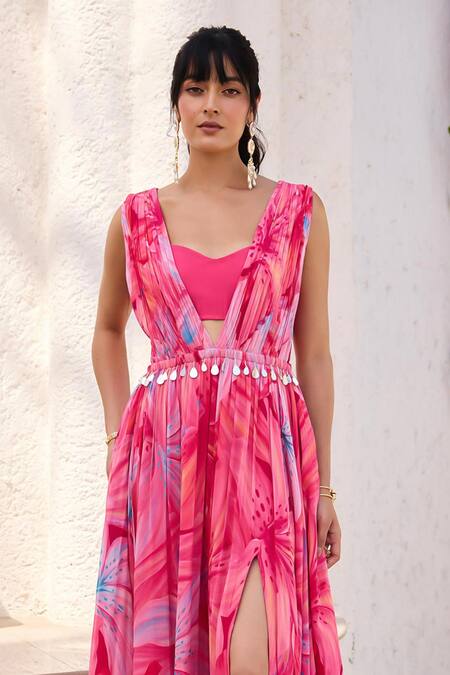 Buy Diyarajvvir Pink Georgette Sequins, Beads Round Neck, Square Lily Printed Slit Maxi Dress Online at Aza Fashions Buy_Diyarajvvir_Pink Georgette Sequins, Beads Round Neck, Square Lily Printed Slit Maxi Dress _Online_at_Aza_Fashions