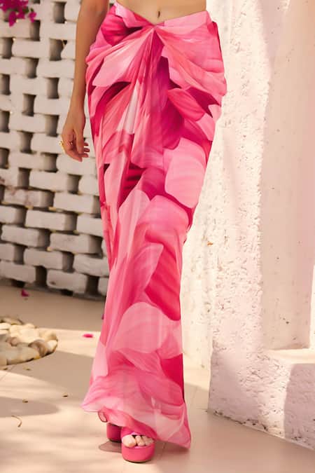 Diyarajvvir Pink Georgette Sequins Open Neck Petal Printed Crop Top And Skirt Set Online at Aza Fashions Diyarajvvir_Pink Georgette Sequins Open Neck Petal Printed Crop Top And Skirt Set _Online_at_Aza_Fashions