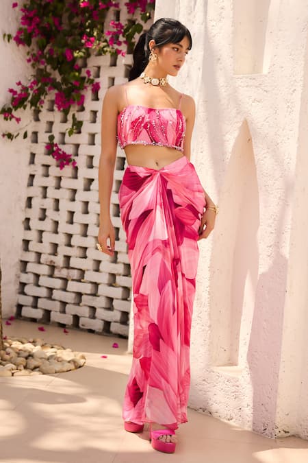 Shop Diyarajvvir Pink Georgette Sequins Open Neck Petal Printed Crop Top And Skirt Set Online at Aza Fashions Shop_Diyarajvvir_Pink Georgette Sequins Open Neck Petal Printed Crop Top And Skirt Set _Online_at_Aza_Fashions
