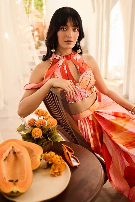 Shop_Diyarajvvir_Peach Crepe Sequins, Embroidery Sunset Petal Printed Crop Top And Dhoti Skirt Set _Online_at_Aza_Fashions