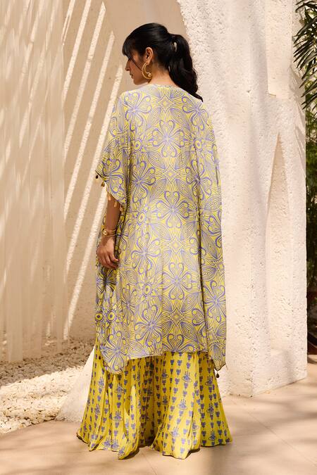 Shop Diyarajvvir Yellow Crepe Round Neck Asymmetric Printed Kaftan Tunic Set at Aza Fashions Shop_Diyarajvvir_Yellow Crepe Round Neck Asymmetric Printed Kaftan Tunic Set _at_Aza_Fashions