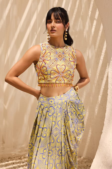 Diyarajvvir Yellow Crepe High Neck Asymmetric Printed Co-ord Set Online at Aza Fashions Diyarajvvir_Yellow Crepe High Neck Asymmetric Printed Co-ord Set _Online_at_Aza_Fashions