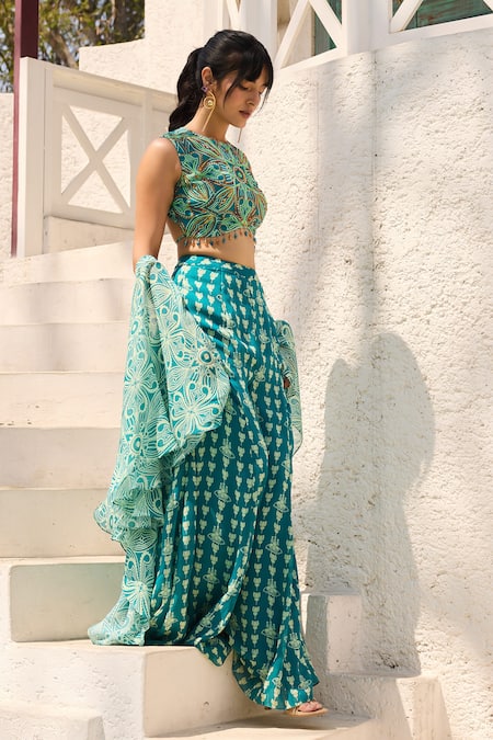 Buy Diyarajvvir Teal Georgette Beads Round Neck Asymmetric Printed Crop Top Pant Set Online at Aza Fashions Buy_Diyarajvvir_Teal Georgette Beads Round Neck Asymmetric Printed Crop Top Pant Set _Online_at_Aza_Fashions